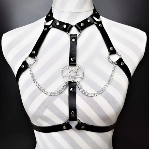PU Leather Star Charm Chain Choker Harness - Picture 6 of 6